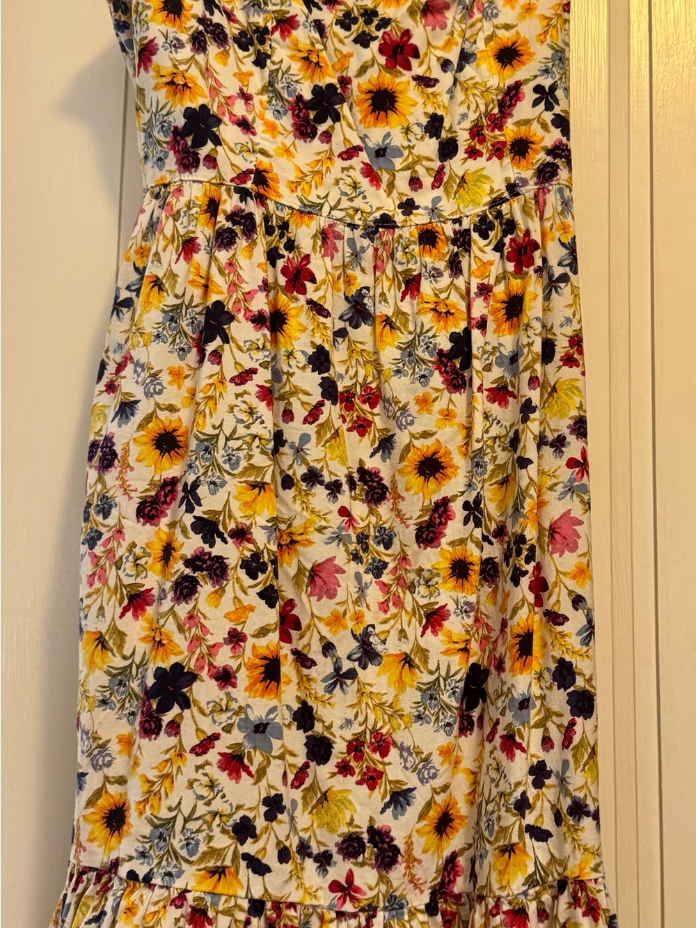 Floral Sunflower Print Cotton Blend Midi Dress- Yellow/Pink/Blue